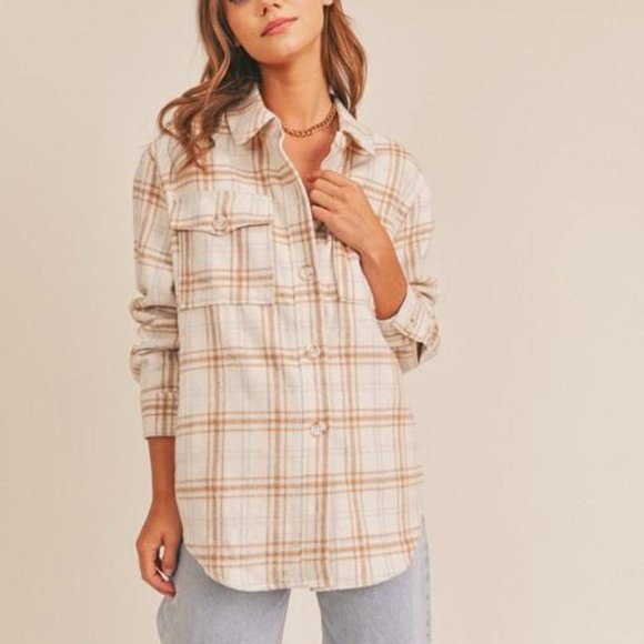 Joie Plaid Boyfriend Fleece Shacket Shirt Jacket, Cream Pink, Women's Medium - Picture 1 of 8